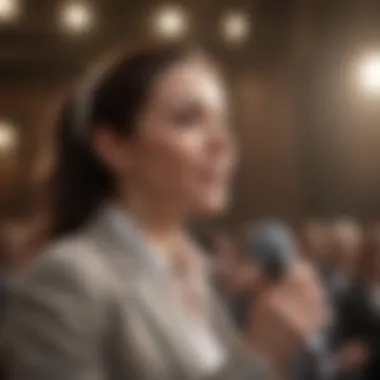 Delivering a Compelling Pitch A confident speaker delivering a pitch to an engaged audience