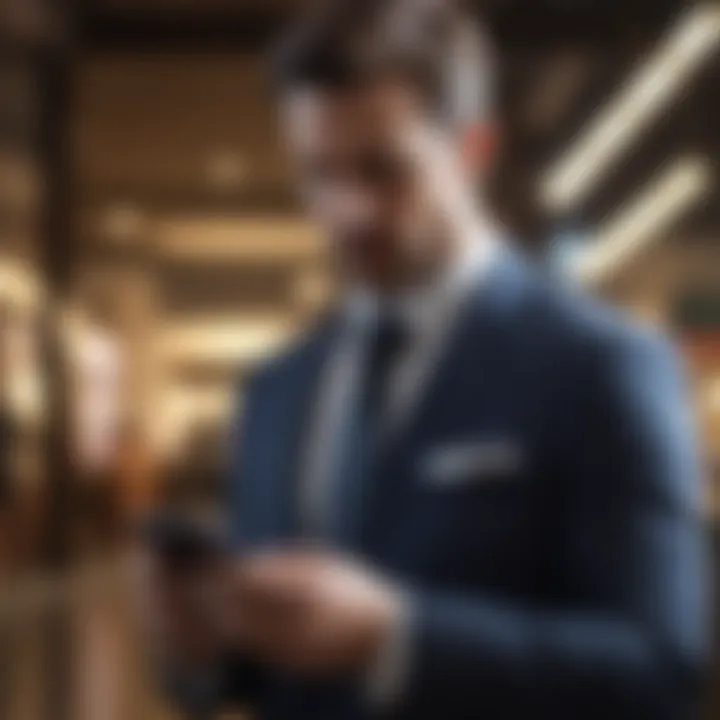 A close-up of a businessman using a smartphone to manage sales applications