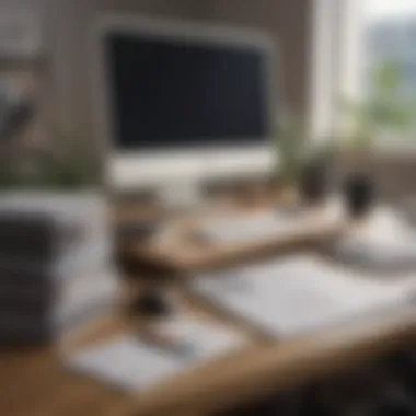 Organized desk with files and a computer