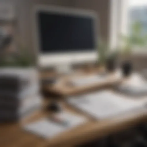 Organized desk with files and a computer