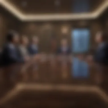 A corporate boardroom with focused leaders discussing personnel issues